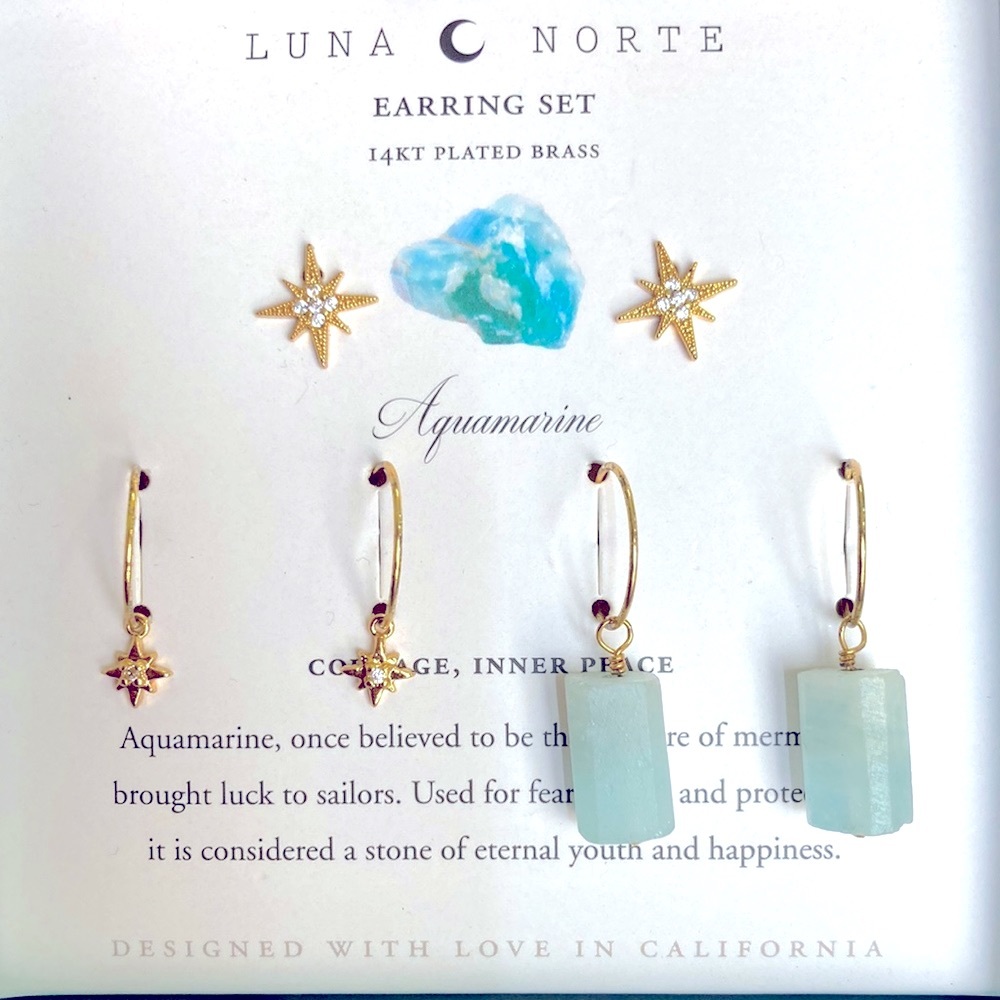 New Luna Norte Aquamarine & Quartz 14KT Plated Brass 3 Piece Earring set
